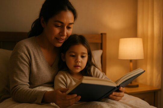 Mom and daughter sharing a special moment reading a book together in bed, creating a warm and loving atmosphere