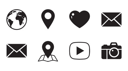 a collection of black and white icons representing a globe, map pin, heart, envelope, envelope, map pin, play button, camera
