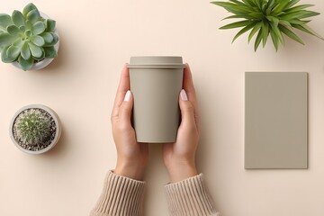 Hands holding a minimalist reusable coffee cup, surrounded by potted plants and a blank notepad, creating a serene workspace atmosphere with natural elements