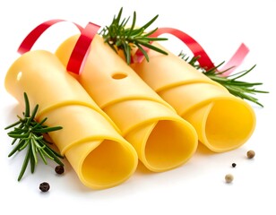 Rolled slices of cheese with rosemary and red ribbon