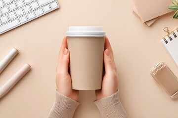 Hands holding a plain brown coffee cup on a minimalist desk with a keyboard, stationery, and a plant, creating a cozy and inviting workspace atmosphere