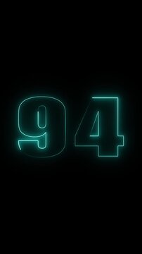 Bright Teal Neon Number 94 on Black Background ninety four numeral