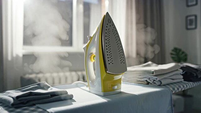 an iron stands on an ironing board, next to things in a modern room