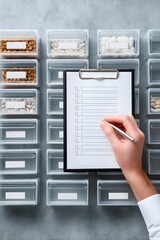 Hand of a person holding a pen, writing on a clipboard, surrounded by organized containers filled with various pills and supplements, showcasing meticulous inventory management