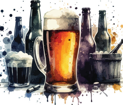Watercolor Still Life of Beer Bottles and Mug with Frothy Head Drink Photography Beer Art Print Fine Art Beer Illustration Bar Decor