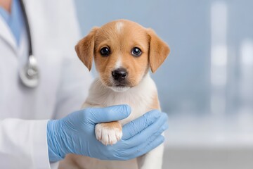 Small puppy being held by a veterinarian in a clinic, showcasing care and compassion, with a soft background emphasizing the nurturing environment