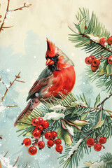 Vintage Christmas cardinal bird perched on snowy pine branch with holly berries, holiday season
