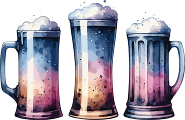 Watercolor Style Beer Mugs with Foam Art Illustration for Pubs and Breweries Advertising Promotion