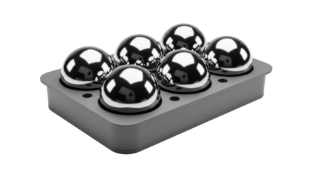 Six perfectly polished metallic silver spheres in a dark grey industrial tray on a transparent background, medium close-up, high-tech product design concept of futuristic product packaging and