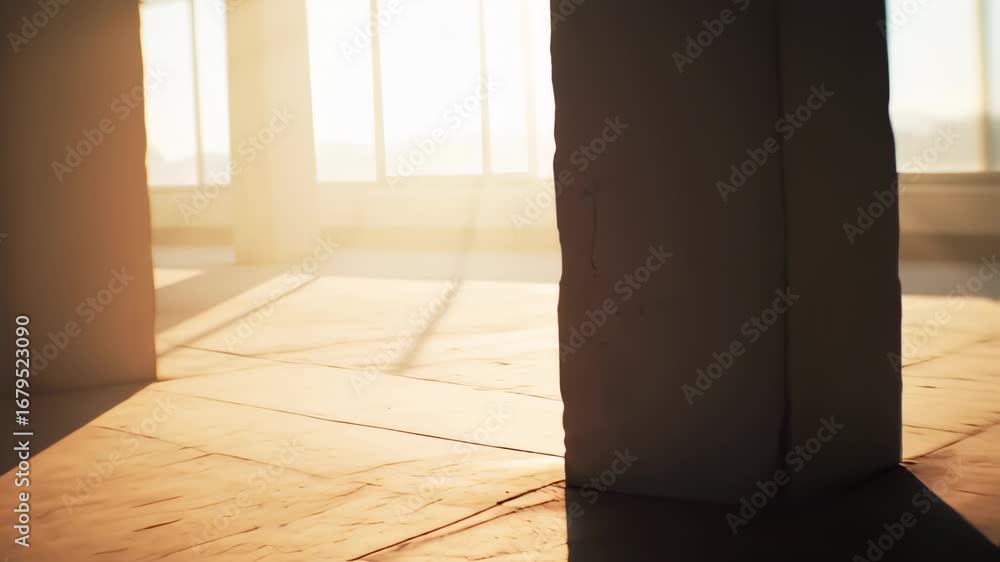 Poster abstract architectural space with columns, sunlight and shadows creating a sense of depth and scale
