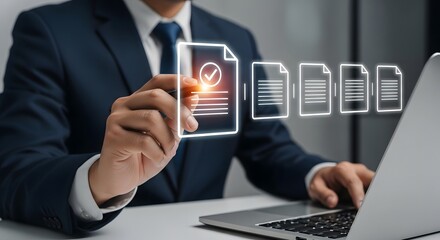 Professional businessman interacts with digital document workflow, ensuring efficient process management and successful project completion.