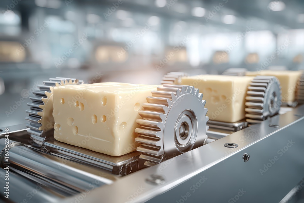Poster close up of cheese cubes on a factory production line with cogwheels for processing, representing fo