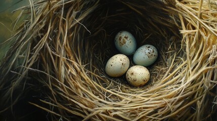Freshly laid eggs in a nest of hay nature close-up tranquil environment serene viewpoint symbolizing new life