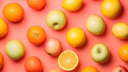 Vibrant Fruit Flatlay, Oranges, Apples, Lemons on Coral