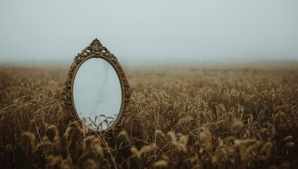 An antique mirror stands in a foggy field