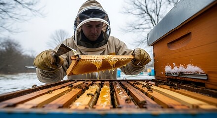 Beekeeper Inspecting Honeycombs in Winter.