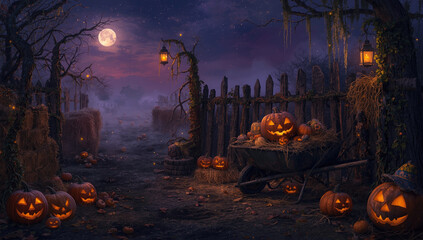 Halloween night scene with pumpkins autumn moon and starry sky