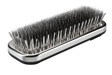 Close-up of a rectangular brush with a silver-toned metal frame and a dense row of gray bristles