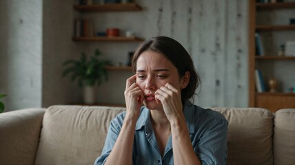 Young woman expressing sadness while sitting on couch at home  