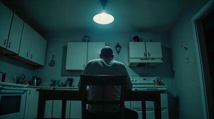 Man sitting alone at table in dimly lit kitchen at night  