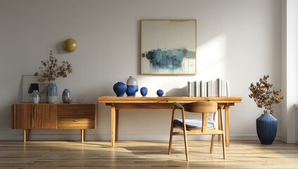Modern, minimalist workspace with light-filled room. Wooden furniture,  blue ceramic accents,  abstract art