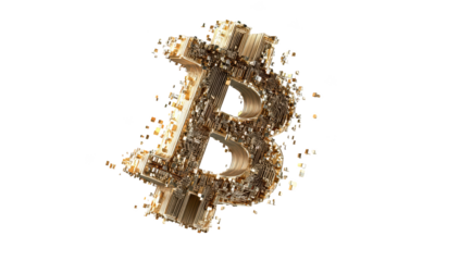 Exploding Bitcoin symbol, textured with crumbs