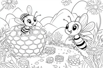 Coloring page for kids with two cute bees playing near beehive, honeycombs and flowers, cartoon kawaii line art outline, black and white vector illustration