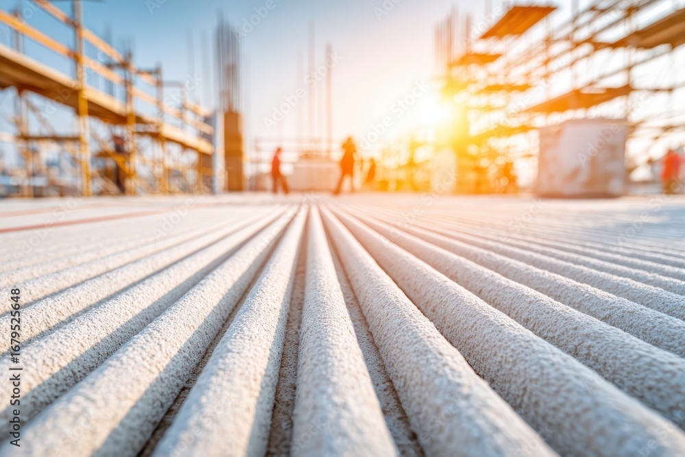 Poster view of construction site with textured concrete surface and workers silhouettes against the sun. bu