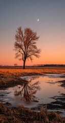 Fototapeta premium A lone tree reflects in a placid puddle at sunset. The sky is a fiery orange and pink as the sun sets, with a crescent moon. 