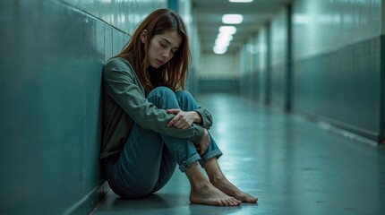 Young woman sitting on floor in hallway with a pensive expression  