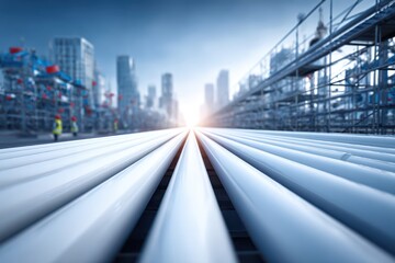 Fototapeta premium A modern industrial landscape featuring pipelines and city buildings in the background, showcasing engineering and infrastructure development with bright sun.