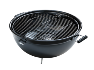 A round, black charcoal grill with a metal lid and grates.  The grill is positioned on three small legs.  The top of the grill shows the metal grates and a smaller area below
