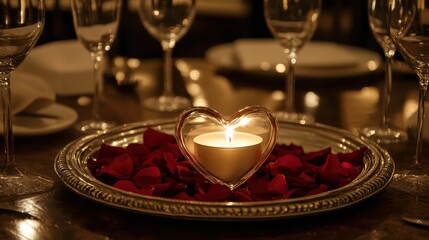 Romantic Candlelight Dinner with Heart-Shaped Candle and Rose Petals