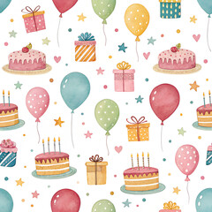 Colorful seamless pattern with birthday party elements like balloons, cakes, and presents on white background.

