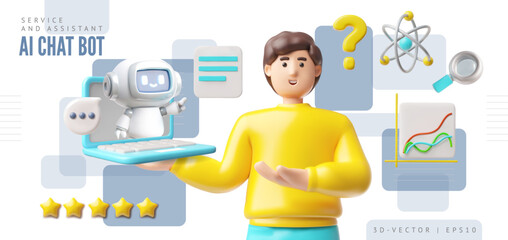 Service for education and business, man with laptop and AI Chat bot robot 3D vector banner, Chatbot robot assistance