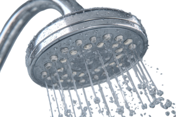 Close-up of a chrome showerhead with water spraying