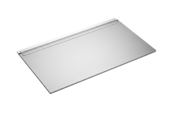 A sleek, brushed silvery-grey aluminum panel with transparent adhesive strip on a transparent studio background, soft high-key light, ample copy space. Modern technology concept