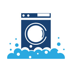 Blue washing machine with white circular door and blue bubbles laundry clean