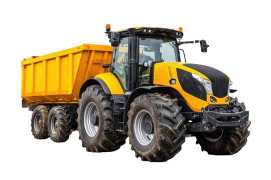 Yellow Agricultural Tractor with Dump Trailer on Transparent Background