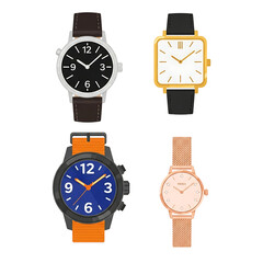 Collection of four different wristwatches isolated on transparent background