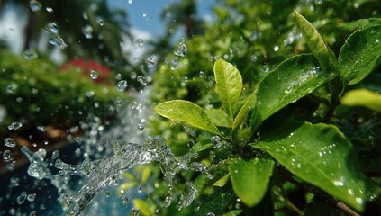 Close-up of water splashing on vibrant green foliage.  Water droplets burst and spray. Lush greenery surrounds.  Tropical garden