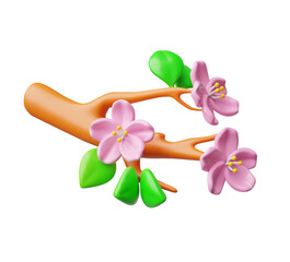 Sakura or cherry branch with pink flowers 3D plastic style, vector spring flowers blossom, blooming tree twig