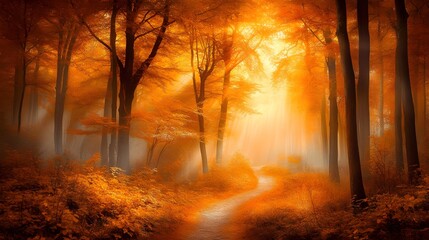 Autumn Forest Path Sunbeams Misty Magical Woods Scene