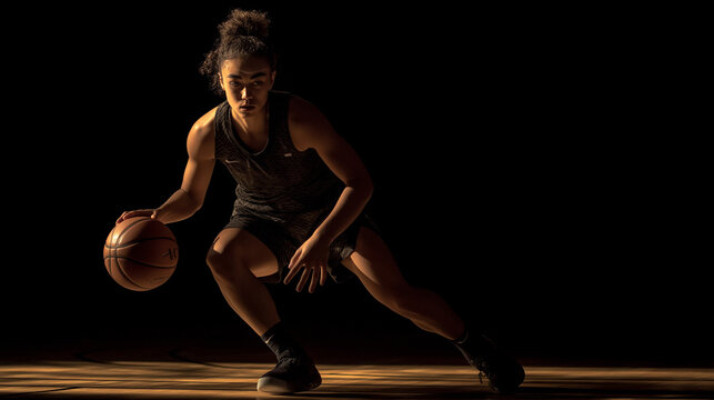 Basketball player showcasing dribbling skills and confidence