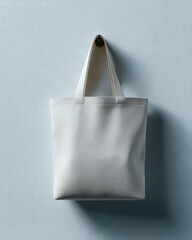 tote bag mockup hanging on wall hook, soft shadows, bright studio background