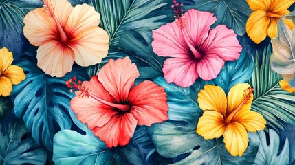 Fototapeta premium Creating vibrant watercolor paintings of hibiscus flowers in tropical settings for artistic inspiration