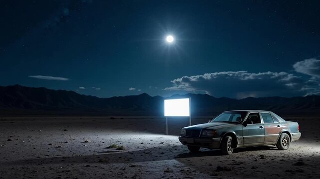 Vintage car parked at a drive-in movie screen under a stunning starry night sky with bright moon and desert landscape