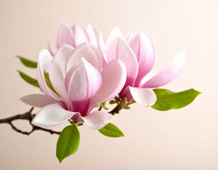 Fototapeta premium beautiful close-up photograph features two delicate pink magnolia flowers with soft, curving petals and prominent stamens. beige background