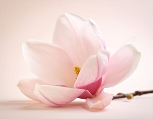 Naklejka premium beautiful close-up photograph features two delicate pink magnolia flowers with soft, curving petals and prominent stamens. beige background