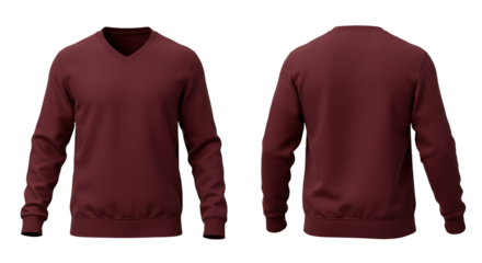 Maroon V-Neck Long Sleeve Sweater Front and Back Views Blank Mockup Transparent Background